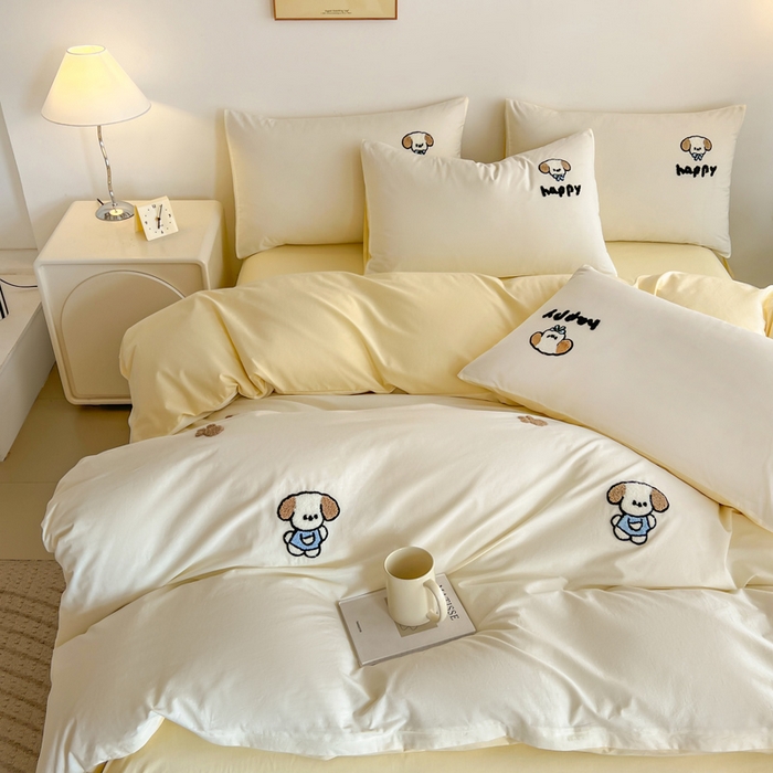 91家纺网 家纺一手货源 找家纺 小懒猪 2025新款全棉纯棉水洗棉毛巾绣四件套(提供买家秀） 萌宠白奶油