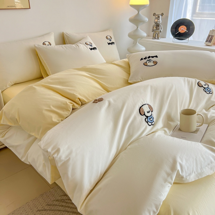 91家纺网 家纺一手货源 找家纺 小懒猪 2025新款全棉纯棉水洗棉毛巾绣四件套(提供买家秀） 萌宠白奶油