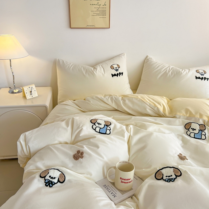 91家纺网 家纺一手货源 找家纺 小懒猪 2025新款全棉纯棉水洗棉毛巾绣四件套(提供买家秀） 萌宠白奶油