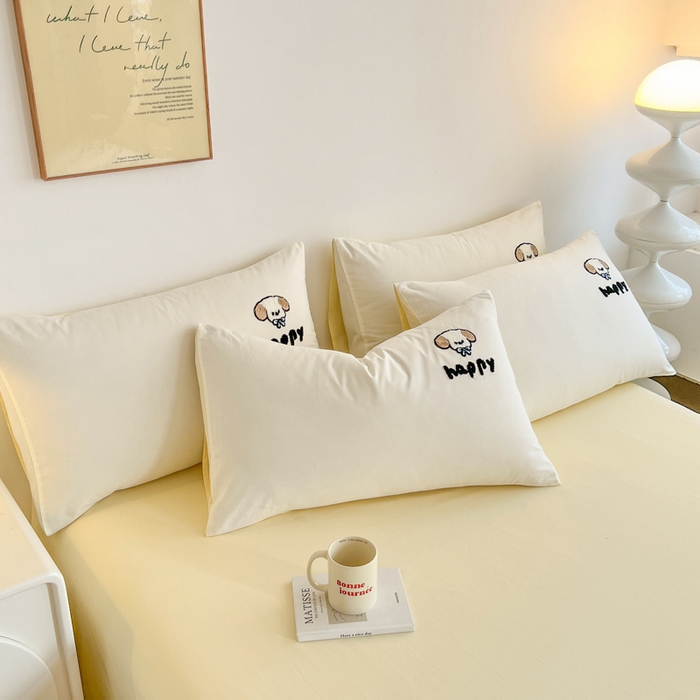 91家纺网 家纺一手货源 找家纺 小懒猪 2025新款全棉纯棉水洗棉毛巾绣四件套(提供买家秀） 萌宠白奶油