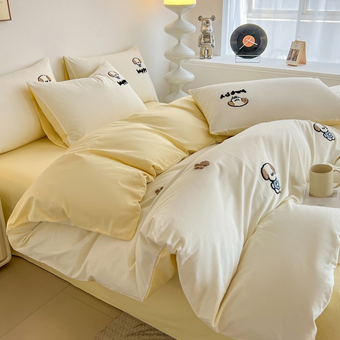 91家纺网 家纺一手货源 找家纺 小懒猪 2025新款全棉纯棉水洗棉毛巾绣四件套(提供买家秀） 萌宠白奶油