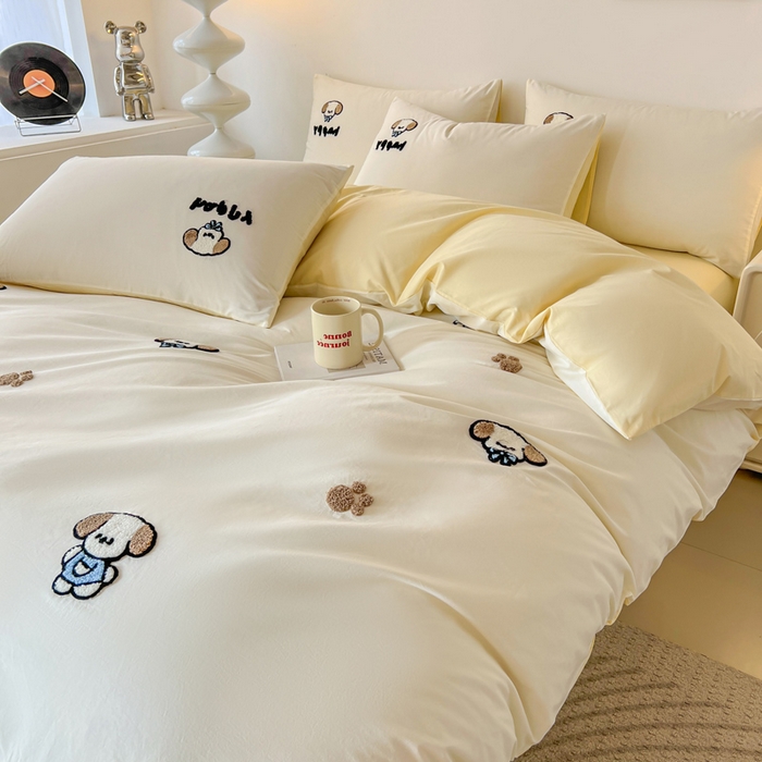 91家纺网 家纺一手货源 找家纺 小懒猪 2025新款全棉纯棉水洗棉毛巾绣四件套(提供买家秀） 萌宠白奶油