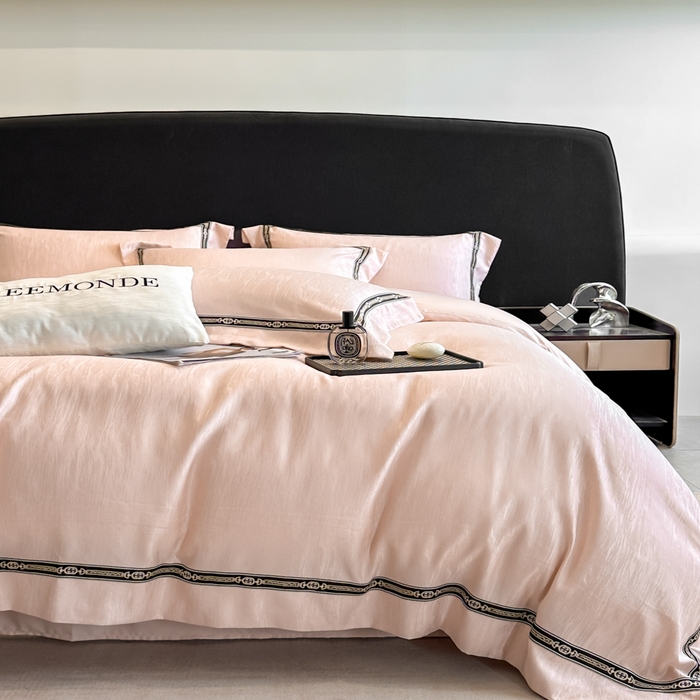 91家纺网 家纺一手货源 找家纺 帝王家纺 2025轻奢风双面水洗天丝提花刺绣四件套夏季冰丝床单被套 藕粉