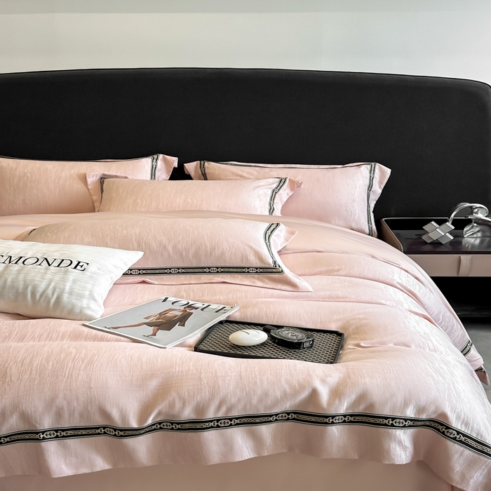 91家纺网 家纺一手货源 找家纺 帝王家纺 2025轻奢风双面水洗天丝提花刺绣四件套夏季冰丝床单被套 藕粉