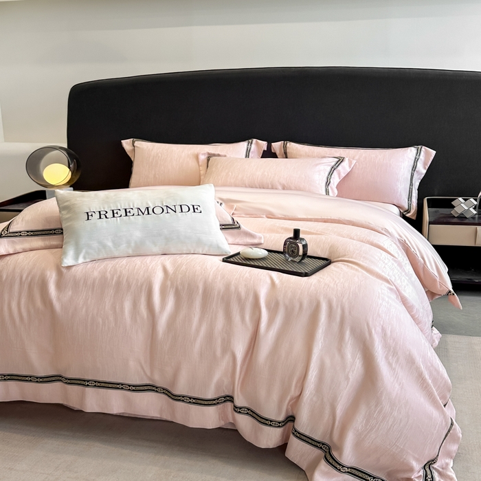 91家纺网 家纺一手货源 找家纺 帝王家纺 2025轻奢风双面水洗天丝提花刺绣四件套夏季冰丝床单被套 藕粉