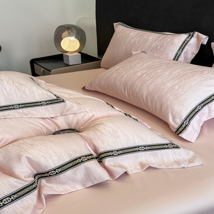 91家纺网 家纺一手货源 找家纺 帝王家纺 2025轻奢风双面水洗天丝提花刺绣四件套夏季冰丝床单被套 藕粉