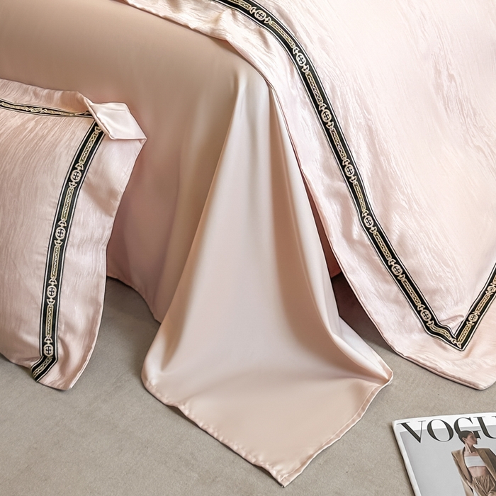 91家纺网 家纺一手货源 找家纺 帝王家纺 2025轻奢风双面水洗天丝提花刺绣四件套夏季冰丝床单被套 藕粉