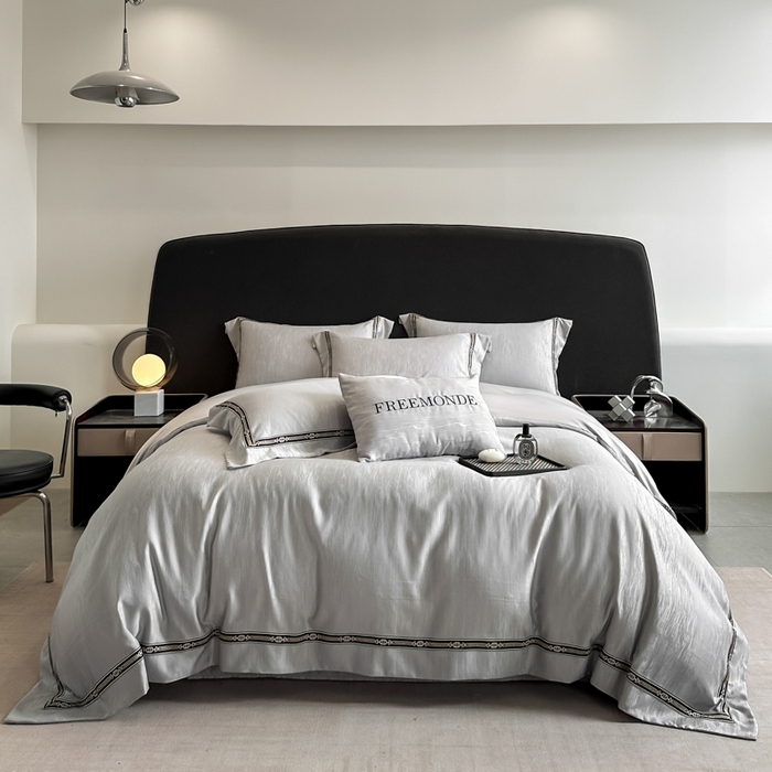 91家纺网 家纺一手货源 找家纺 帝王家纺 2025轻奢风双面水洗天丝提花刺绣四件套夏季冰丝床单被套 浅灰