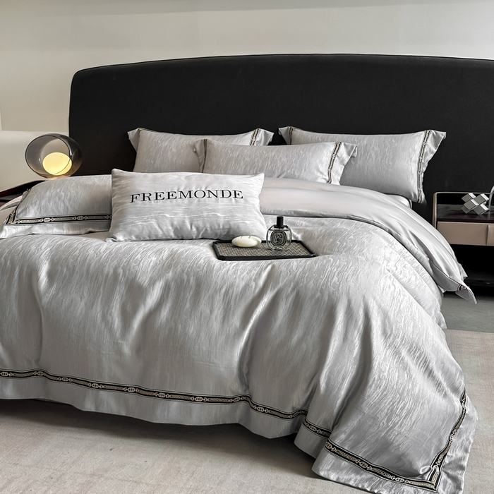 91家纺网 家纺一手货源 找家纺 帝王家纺 2025轻奢风双面水洗天丝提花刺绣四件套夏季冰丝床单被套 浅灰