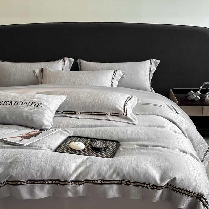 91家纺网 家纺一手货源 找家纺 帝王家纺 2025轻奢风双面水洗天丝提花刺绣四件套夏季冰丝床单被套 浅灰