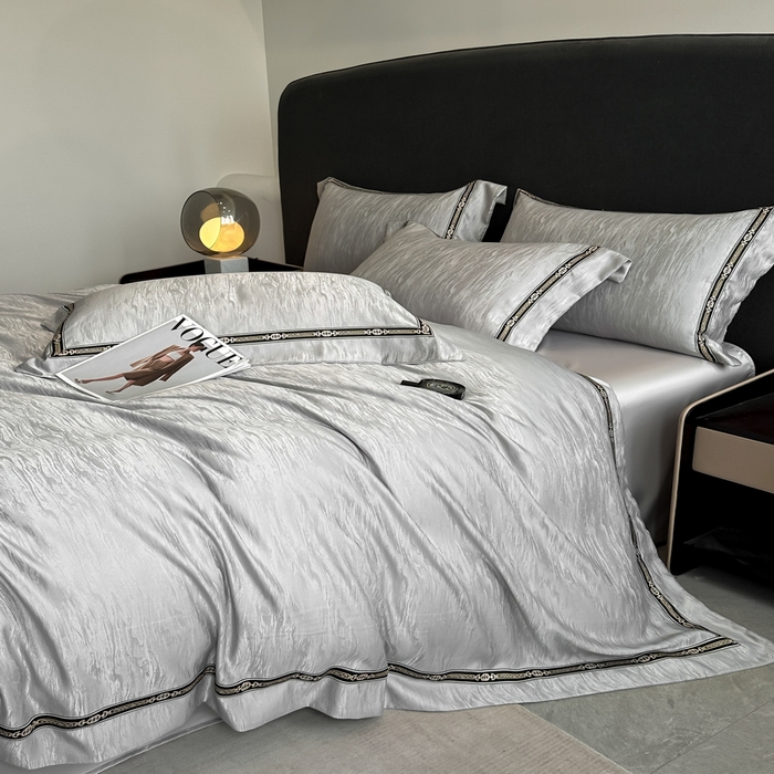 91家纺网 家纺一手货源 找家纺 帝王家纺 2025轻奢风双面水洗天丝提花刺绣四件套夏季冰丝床单被套 浅灰