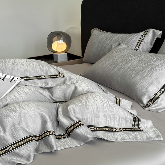 91家纺网 家纺一手货源 找家纺 帝王家纺 2025轻奢风双面水洗天丝提花刺绣四件套夏季冰丝床单被套 浅灰