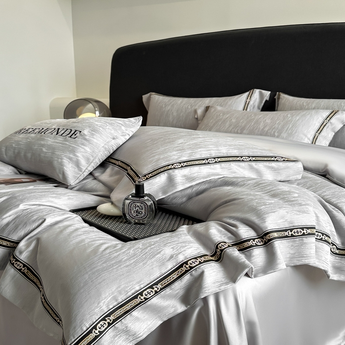 91家纺网 家纺一手货源 找家纺 帝王家纺 2025轻奢风双面水洗天丝提花刺绣四件套夏季冰丝床单被套 浅灰