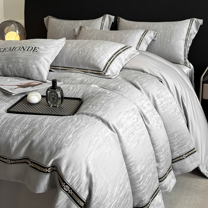 91家纺网 家纺一手货源 找家纺 帝王家纺 2025轻奢风双面水洗天丝提花刺绣四件套夏季冰丝床单被套 浅灰