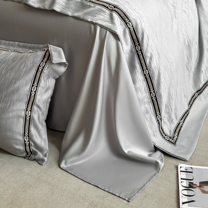 91家纺网 家纺一手货源 找家纺 帝王家纺 2025轻奢风双面水洗天丝提花刺绣四件套夏季冰丝床单被套 浅灰