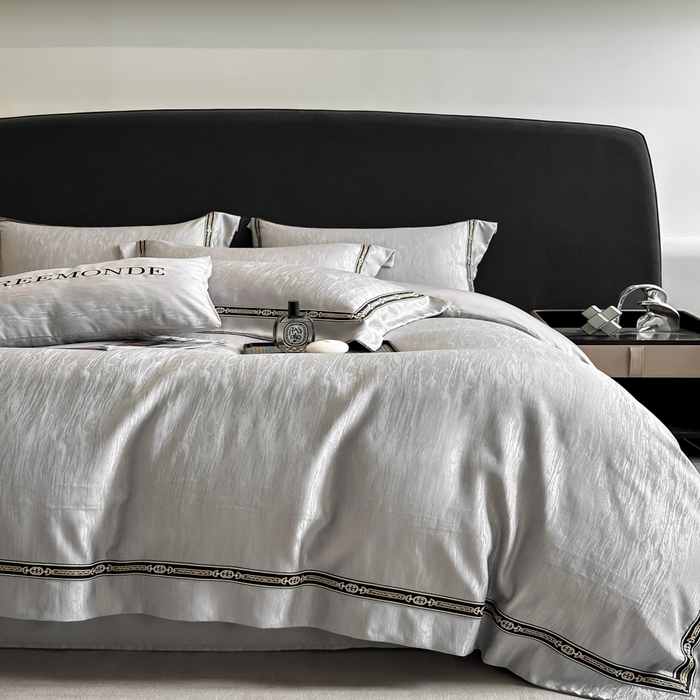 91家纺网 家纺一手货源 找家纺 帝王家纺 2025轻奢风双面水洗天丝提花刺绣四件套夏季冰丝床单被套 浅灰