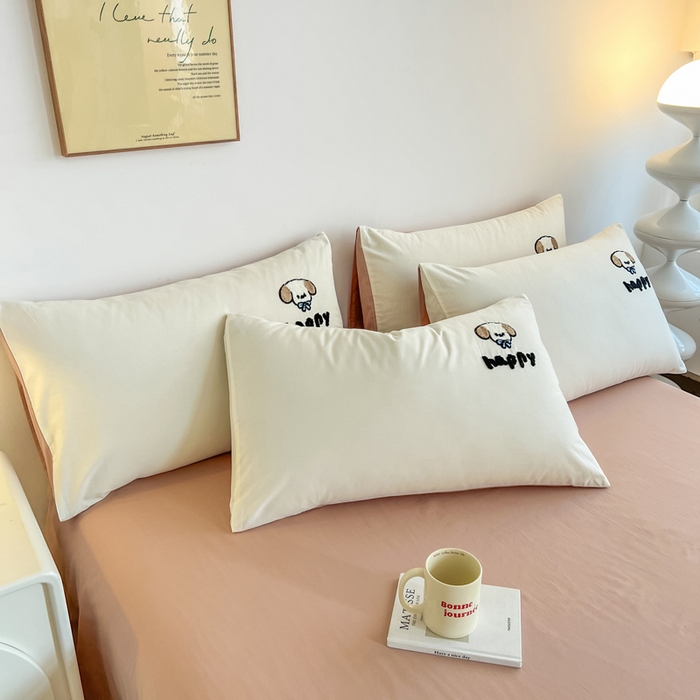 91家纺网 家纺一手货源 找家纺 小懒猪 2025新款全棉纯棉水洗棉毛巾绣四件套(提供买家秀） 萌宠白桃粉