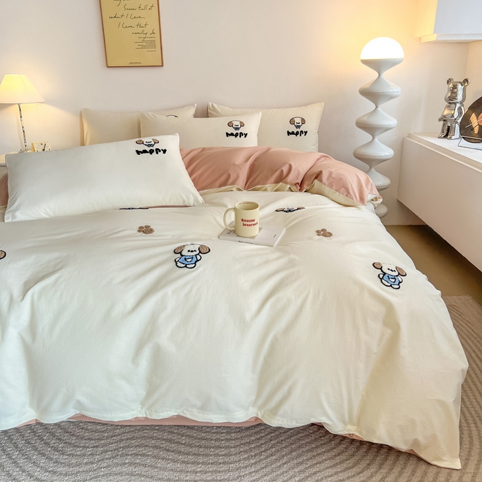 91家纺网 家纺一手货源 找家纺 小懒猪 2025新款全棉纯棉水洗棉毛巾绣四件套(提供买家秀） 萌宠白桃粉