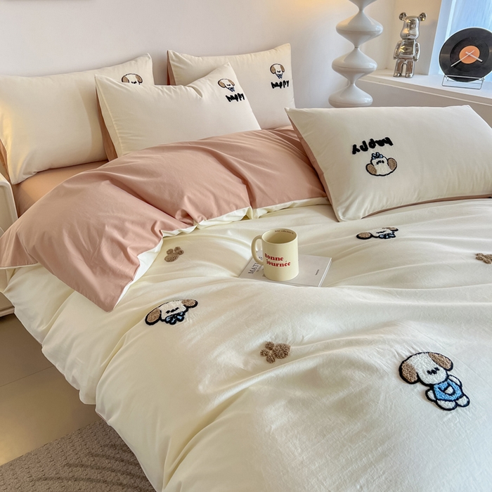 91家纺网 家纺一手货源 找家纺 小懒猪 2025新款全棉纯棉水洗棉毛巾绣四件套(提供买家秀） 萌宠白桃粉