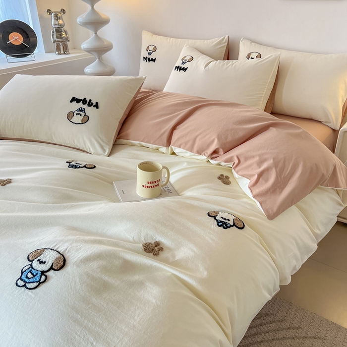 91家纺网 家纺一手货源 找家纺 小懒猪 2025新款全棉纯棉水洗棉毛巾绣四件套(提供买家秀） 萌宠白桃粉