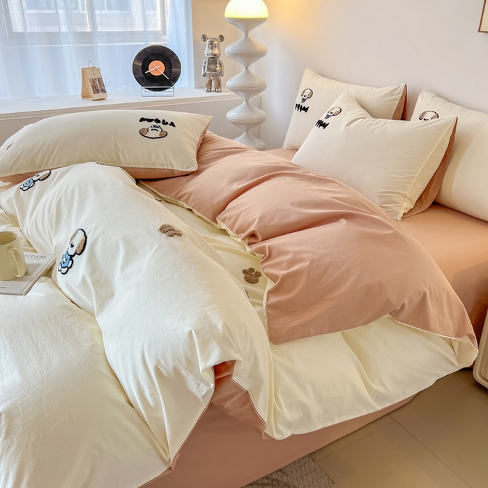 小懒猪 2025新款全棉纯棉水洗棉毛巾绣四件套(提供买家秀） 萌宠白桃粉