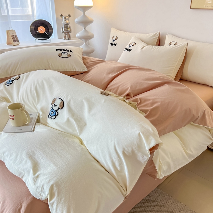 91家纺网 家纺一手货源 找家纺 小懒猪 2025新款全棉纯棉水洗棉毛巾绣四件套(提供买家秀） 萌宠白桃粉