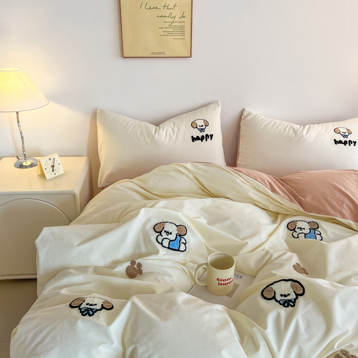 91家纺网 家纺一手货源 找家纺 小懒猪 2025新款全棉纯棉水洗棉毛巾绣四件套(提供买家秀） 萌宠白桃粉