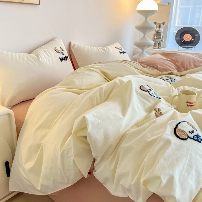 91家纺网 家纺一手货源 找家纺 小懒猪 2025新款全棉纯棉水洗棉毛巾绣四件套(提供买家秀） 萌宠白桃粉