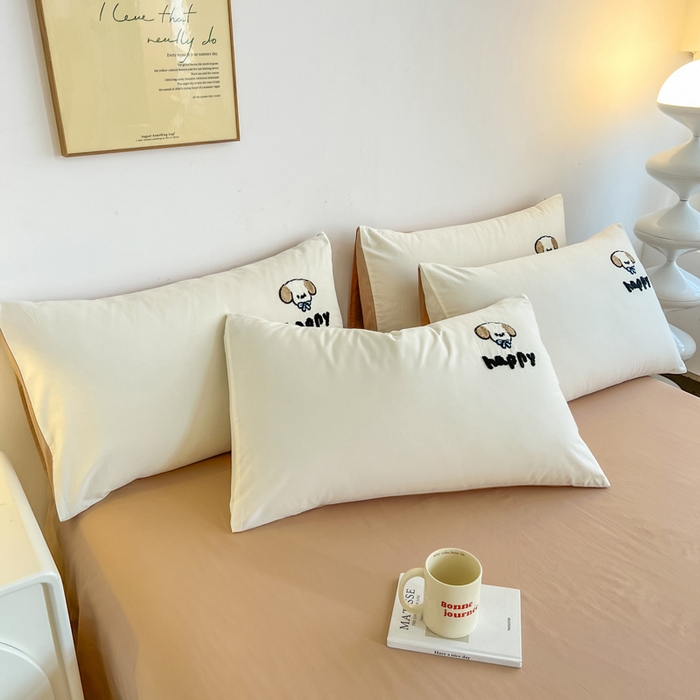 91家纺网 家纺一手货源 找家纺 小懒猪 2025新款全棉纯棉水洗棉毛巾绣四件套(提供买家秀） 萌宠白棕