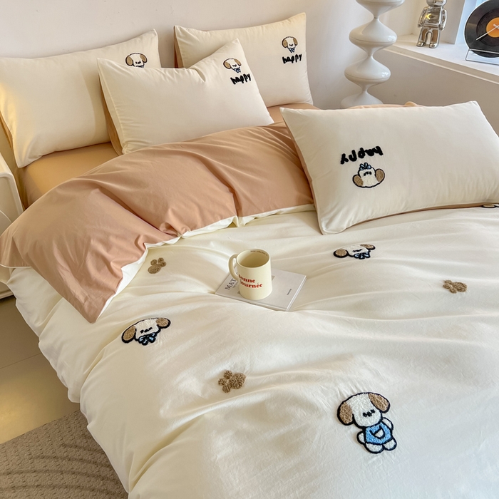 91家纺网 家纺一手货源 找家纺 小懒猪 2025新款全棉纯棉水洗棉毛巾绣四件套(提供买家秀） 萌宠白棕