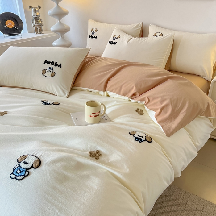 91家纺网 家纺一手货源 找家纺 小懒猪 2025新款全棉纯棉水洗棉毛巾绣四件套(提供买家秀） 萌宠白棕