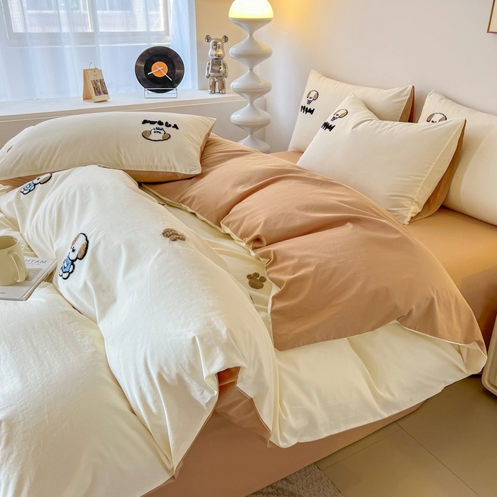 小懒猪 2025新款全棉纯棉水洗棉毛巾绣四件套(提供买家秀） 萌宠白棕