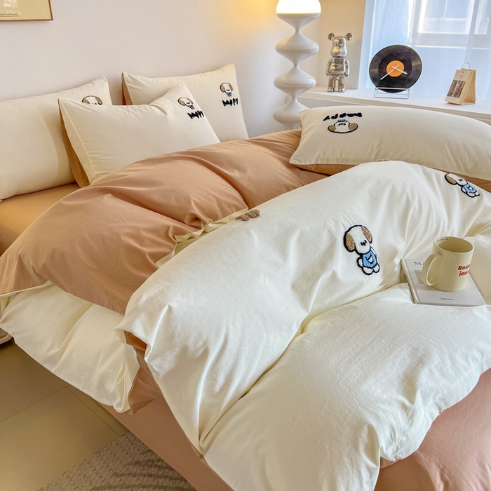 91家纺网 家纺一手货源 找家纺 小懒猪 2025新款全棉纯棉水洗棉毛巾绣四件套(提供买家秀） 萌宠白棕