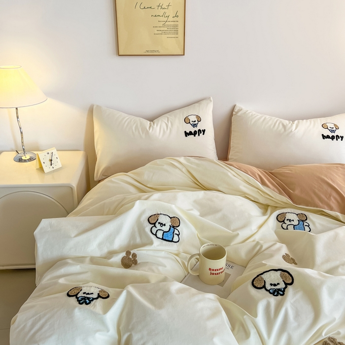 91家纺网 家纺一手货源 找家纺 小懒猪 2025新款全棉纯棉水洗棉毛巾绣四件套(提供买家秀） 萌宠白棕