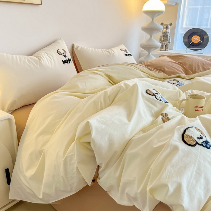 91家纺网 家纺一手货源 找家纺 小懒猪 2025新款全棉纯棉水洗棉毛巾绣四件套(提供买家秀） 萌宠白棕