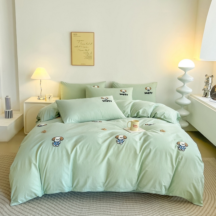 91家纺网 家纺一手货源 找家纺 小懒猪 2025新款全棉纯棉水洗棉毛巾绣四件套(提供买家秀） 萌宠薄荷绿