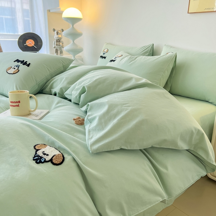 91家纺网 家纺一手货源 找家纺 小懒猪 2025新款全棉纯棉水洗棉毛巾绣四件套(提供买家秀） 萌宠薄荷绿