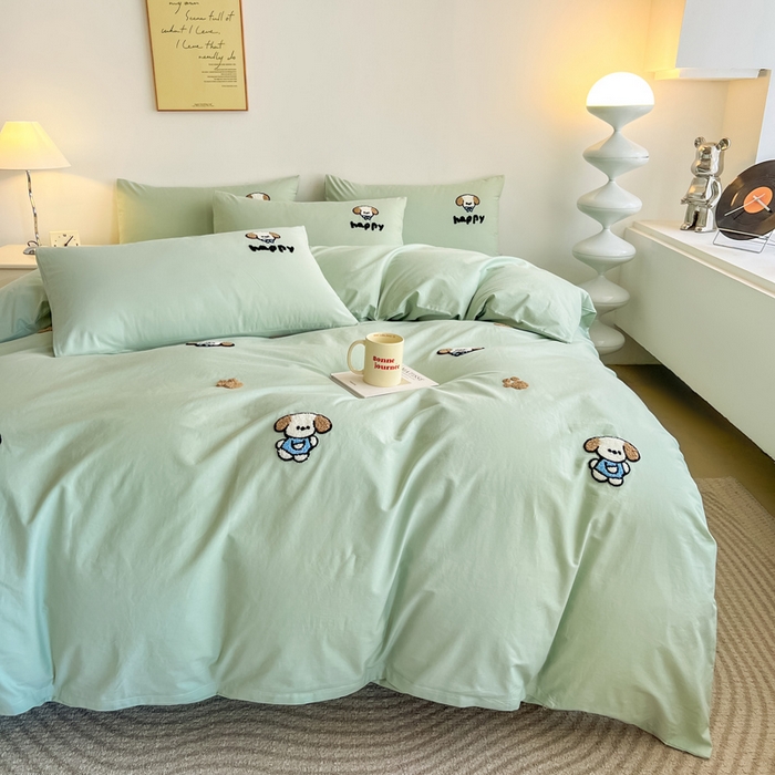 91家纺网 家纺一手货源 找家纺 小懒猪 2025新款全棉纯棉水洗棉毛巾绣四件套(提供买家秀） 萌宠薄荷绿