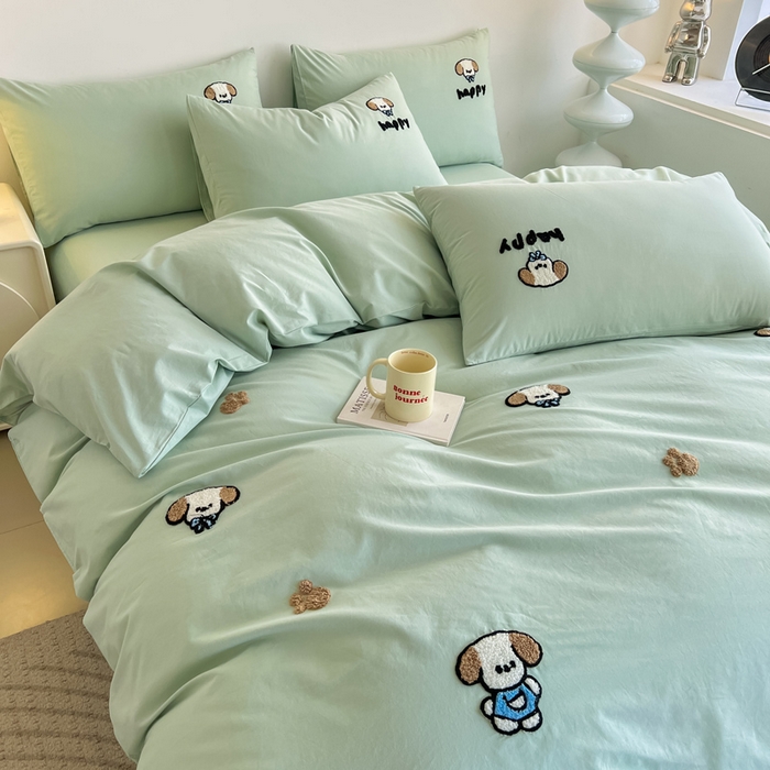 91家纺网 家纺一手货源 找家纺 小懒猪 2025新款全棉纯棉水洗棉毛巾绣四件套(提供买家秀） 萌宠薄荷绿