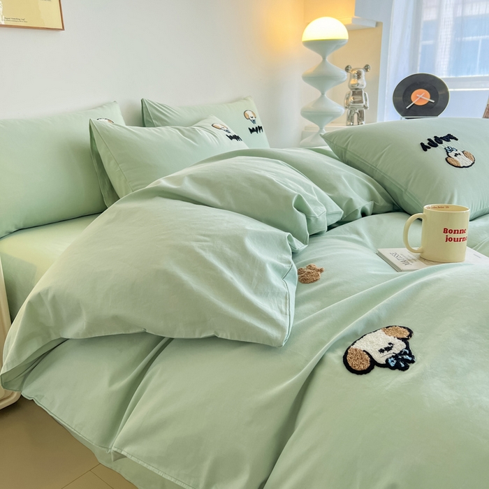 91家纺网 家纺一手货源 找家纺 小懒猪 2025新款全棉纯棉水洗棉毛巾绣四件套(提供买家秀） 萌宠薄荷绿