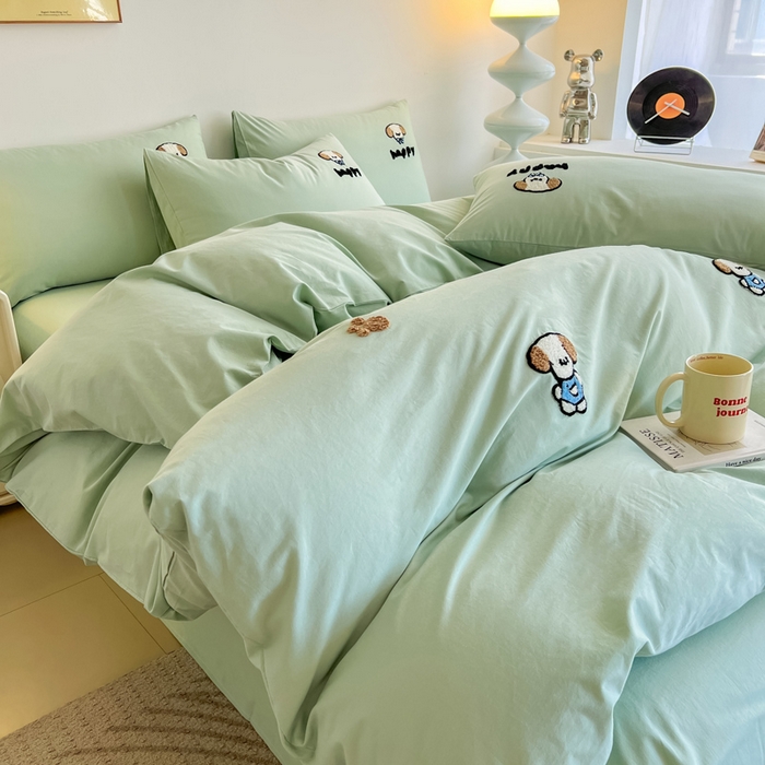 91家纺网 家纺一手货源 找家纺 小懒猪 2025新款全棉纯棉水洗棉毛巾绣四件套(提供买家秀） 萌宠薄荷绿