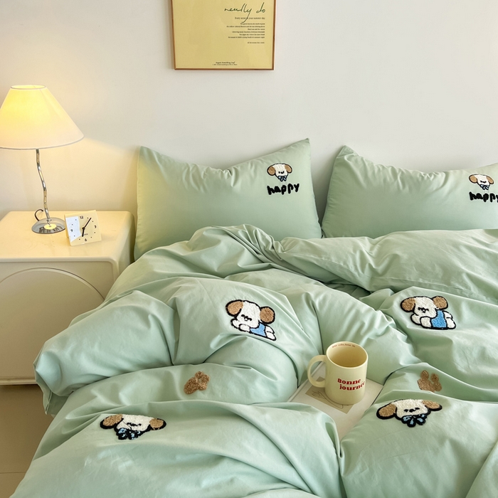 91家纺网 家纺一手货源 找家纺 小懒猪 2025新款全棉纯棉水洗棉毛巾绣四件套(提供买家秀） 萌宠薄荷绿