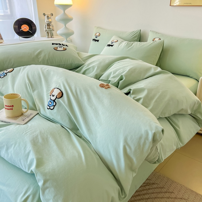 小懒猪 2025新款全棉纯棉水洗棉毛巾绣四件套(提供买家秀） 萌宠薄荷绿