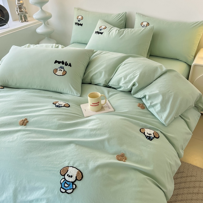 91家纺网 家纺一手货源 找家纺 小懒猪 2025新款全棉纯棉水洗棉毛巾绣四件套(提供买家秀） 萌宠薄荷绿