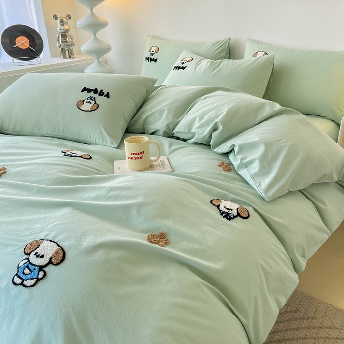 91家纺网 家纺一手货源 找家纺 小懒猪 2025新款全棉纯棉水洗棉毛巾绣四件套(提供买家秀） 萌宠薄荷绿