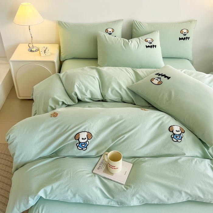 91家纺网 家纺一手货源 找家纺 小懒猪 2025新款全棉纯棉水洗棉毛巾绣四件套(提供买家秀） 萌宠薄荷绿