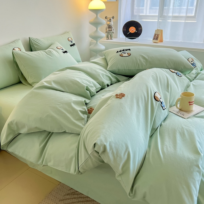 91家纺网 家纺一手货源 找家纺 小懒猪 2025新款全棉纯棉水洗棉毛巾绣四件套(提供买家秀） 萌宠薄荷绿