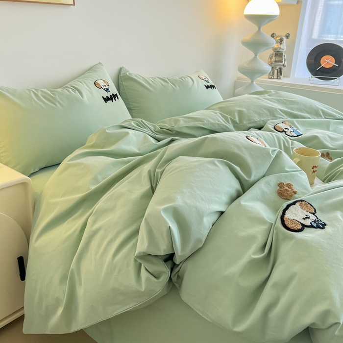 91家纺网 家纺一手货源 找家纺 小懒猪 2025新款全棉纯棉水洗棉毛巾绣四件套(提供买家秀） 萌宠薄荷绿