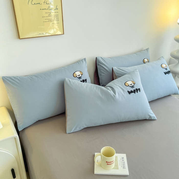 91家纺网 家纺一手货源 找家纺 小懒猪 2025新款全棉纯棉水洗棉毛巾绣四件套(提供买家秀） 萌宠浅蓝灰