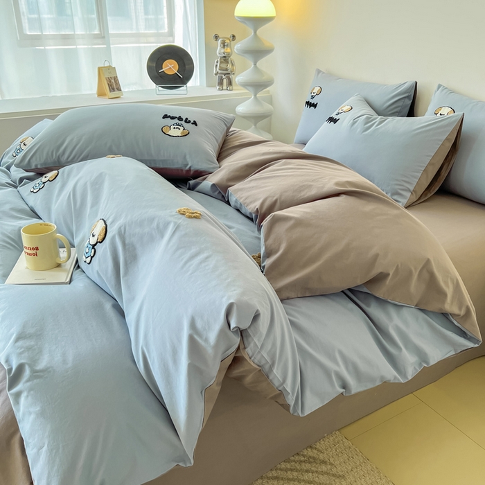 小懒猪 2025新款全棉纯棉水洗棉毛巾绣四件套(提供买家秀） 萌宠浅蓝灰